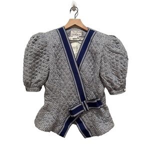 Vintage Ricki Freeman for Teri Jon Size 10 Navy Blue Polka Dot Ribbon Bow Top